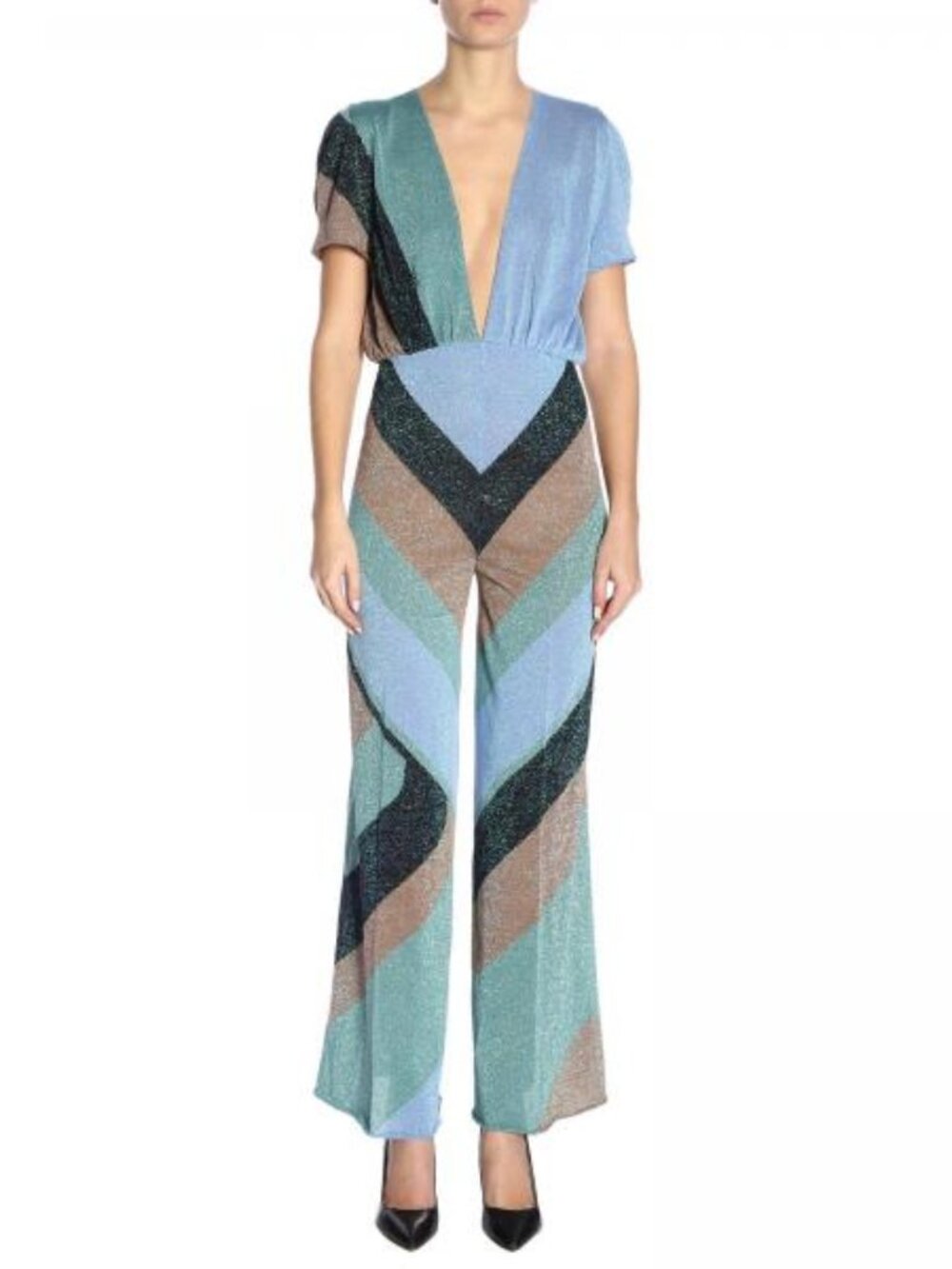 Lurex chevron jumpsuit Circus Hotel disco vintage style plunge neckline